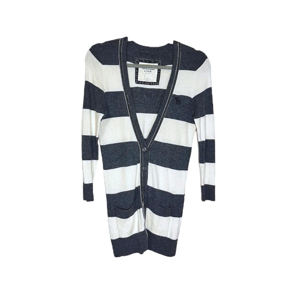 Abercrombie Stripe Cardigan 3/4 Long Sleeve V Neck + Pockets Grey White M